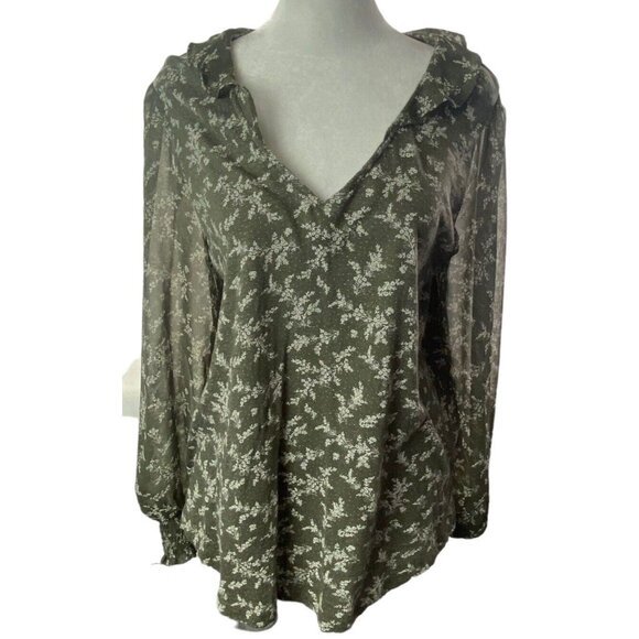 LUCKY BRAND Women Sheer Long Sleeve Blouse Sz M Olive Green V Neck Floral 81-3 - Picture 1 of 16